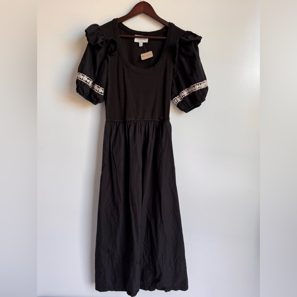 Cleobella Selma Midi Dress Black Women Large Puff Sleeves Knit‎ cottagecore boho - Picture 4 of 14